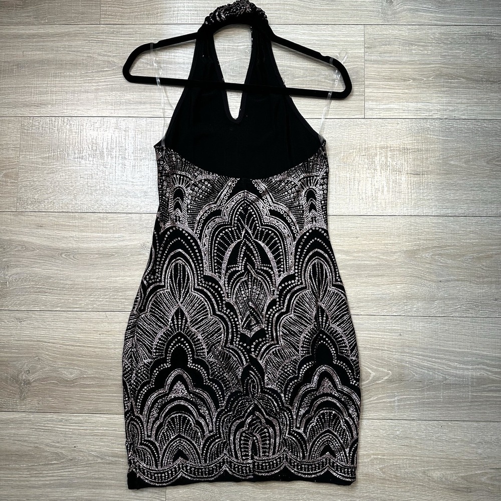 Jump Apparel Halter Dress Black & Rose‎ Gold Glitter Open Back Bodycon Women's M - Picture 8 of 10